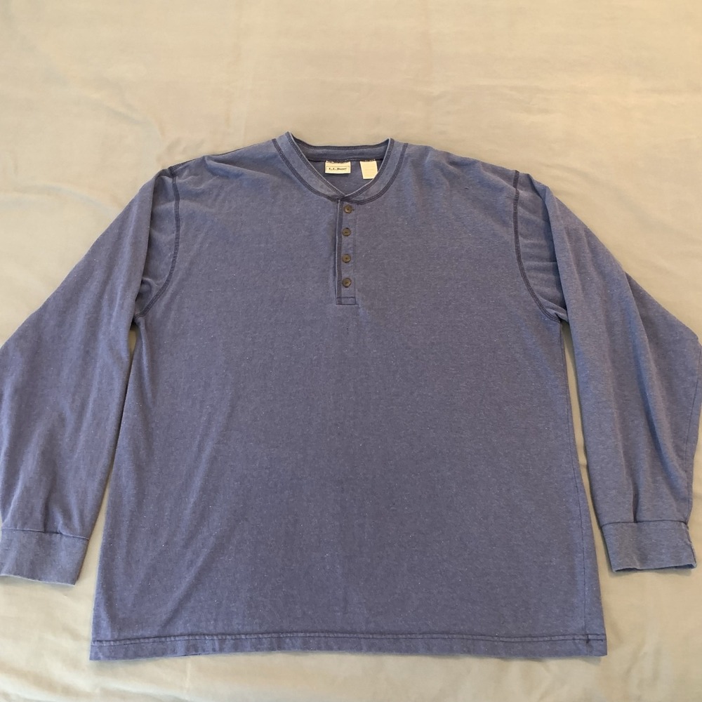 L.L. Bean Shirt Mens Large Blue Long Sleeve Henley Made USA Cotton Regular Fit